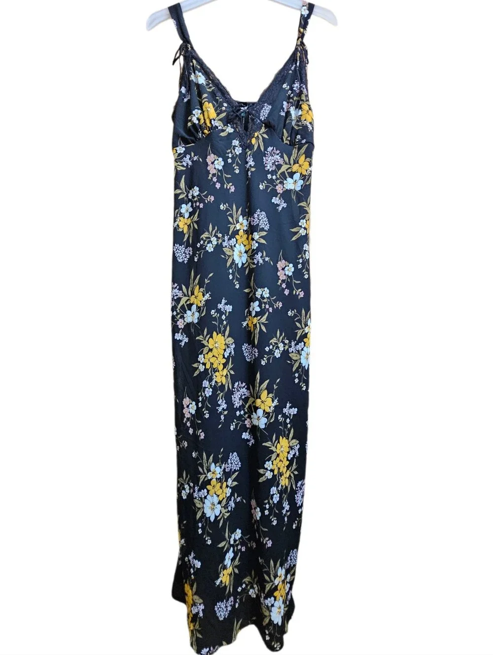 Wild Fable black floral print maxi tie up dress lace trim womens large new NWT - Picture 2 of 12